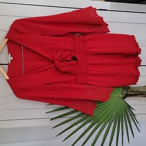 American Eagle Red Medium Bell Sleeve Tie Front Romper